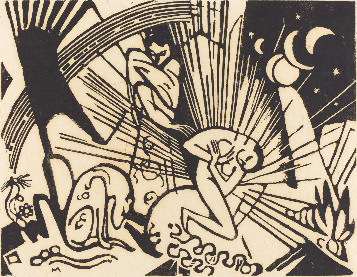 Schwarz-weiße Grafik im expressionistischen Holzschnitt-Stil. Zu sehen sind drei stark stilisierte, abstrakte Figuren zwischen harten, dynamischen Strahlen, darüber Mondsicheln und Sterne.